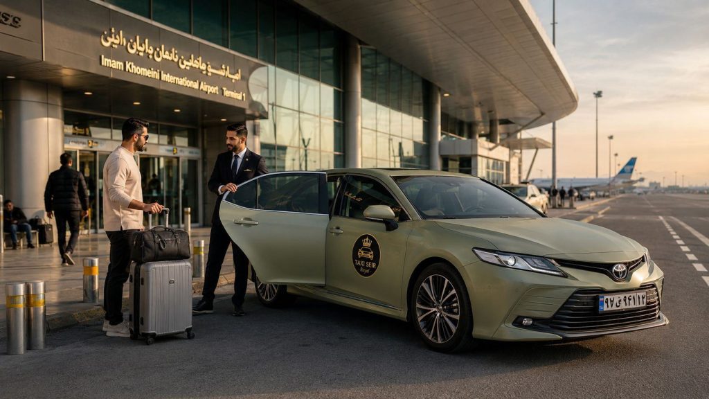 Toyota Camry تاکسی سیر رویال در مقابل ترمینال فرودگاه امام و راننده در حال کمک به مسافر.